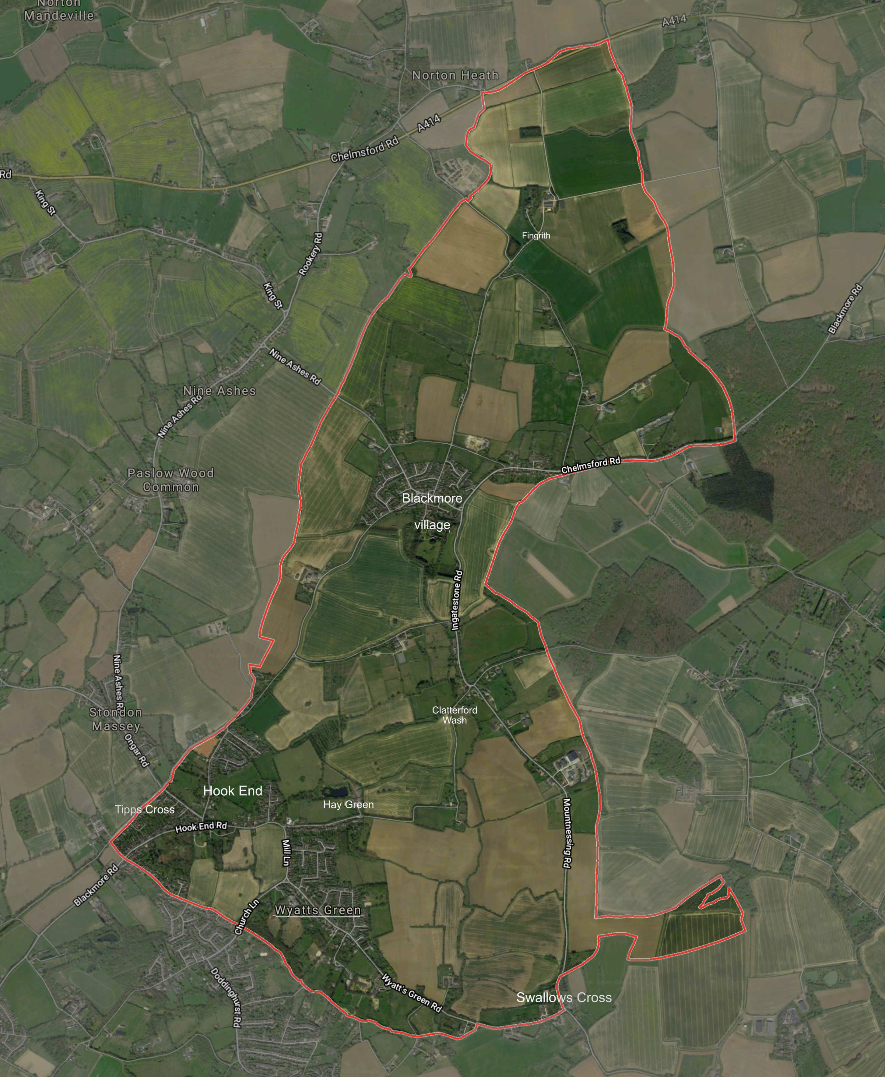 Aerial image of the parish with its boundary marked in red